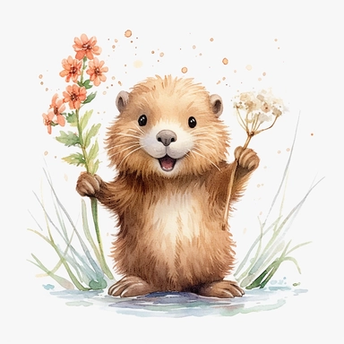a captivating watercolor clipart image with a white background and white margins, featuring a cute sweet extremely happy smiling baby beaver, full body, The ultra-detailed, hand-drawn elements capture the details. Use vibrant shades of various colors to create a visually appealing image