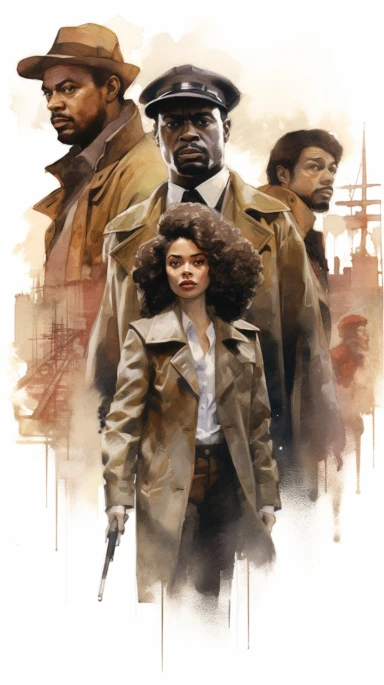 1950s clipart art, poster, 1970's blaxploitation thriller, brooklyn, style by Thomas Jung on white background