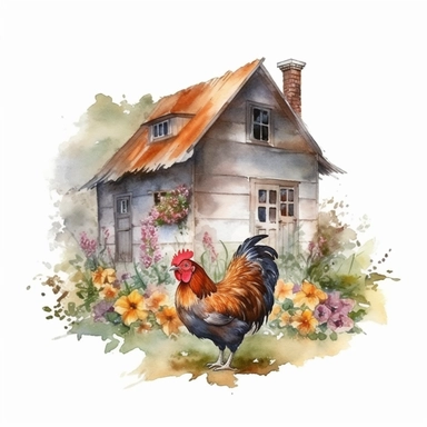 Small Farm house for Chicken Sitting over leaves and Flowers Surrounded,Isolated,Watercolor Clipart,White Background