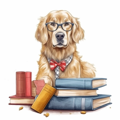 isolated illustration on a white background, a hyper realistic blonde golden retriever sitting next to a book stack in realistic beige colors, 32k, Clipart, watercolor realistic and highly detailed, natural realistic soft colors