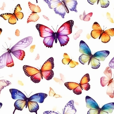 Butterflies, Watercolor, vector, white background, clipart, Seamless patterns, repeating patterns design, flat illustration,outlined , Vector, 4K, Art station, digital print, highly detailed clean, A detailed illustration a field,3D vector art, cute and quirky, fantasy art, watercolor effect, bokeh, Adobe Illustrator, hand-drawn, digital painting, low-poly, soft lighting, bird's-eye view, isometric style, retro aesthetic, focused on the character, 4K resolution,vector image, photorealistic maste