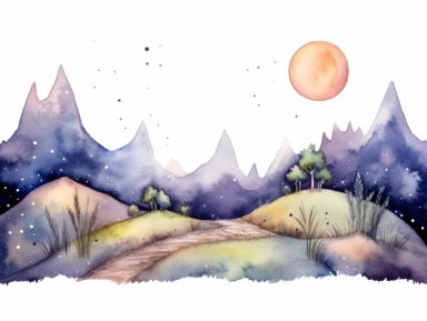 Simple mountain range with Whimsical rolling hills and mountains for a children's book, night scene, watercolor, clipart, white background,