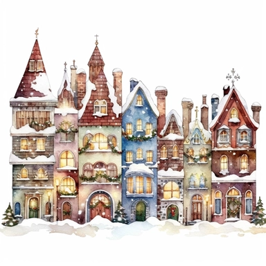 Christmas village, cute and small houses in a row, Clip art, magical, enchanting, wreaths, snow-covered streets, Watercolor, colorful buildings, sparkling, charming, detailed, glittery, shiny, twinkling lights, festive, ornate, traditional, whimsical, Mic