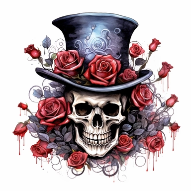 Skeleton, wearing top hat, gothic roses, watercolor, clipart elements, smooth gradients, black contour outline, ultra detailed, white background, super clear, high quality