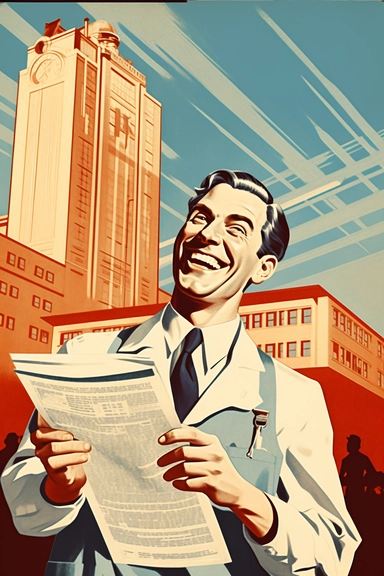 doctor with clipboard laughing, propaganda art style, art deco, construction company in background, lower third angle