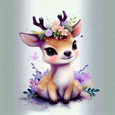 happy baby deer sitting colorful with a big head, big sparkling eyes, flowers on the horns, watercolor Illustration clipart, 4K, extremely detailed