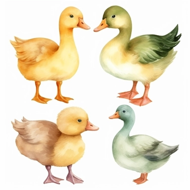 realistic very cute farm birds babies: Chicken, Goose, Duck. watercolor clipart sheet two-dimensional friendly natural colors for kids simple drawn childish cute illustration sweet