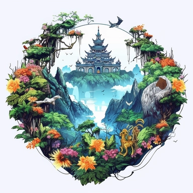 random animal, close up, a sticker, artwork of t shirt graphic of majestic forest, in digital painting style , beautiful flowers, sunset mountains and clouds , big vines, stone temple covered in vines, white background, colorful fantasy flower surround, highly detailed clean, vector image, photorealistic masterpiece, professional photography, realistic, flat white background, isometric, vibrant vector, clipart, illustration, realism, 4k, , cinematic, front view, white background, paradise, extre