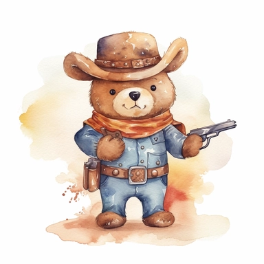 A cute watercolor clipart of a teddy bear dressed in Wild West cowboy attire, with a hat, boots, and a bandana around its neck. The bear has a confident stance and a revolver in its holster
