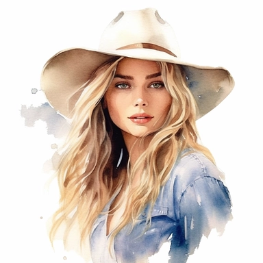 pretty lady with a hat, long blonde hair, watercolor, hyperealistic, clipart, clean white background