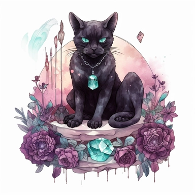 hand drawn black cat, sitting with front paw resting on a skull, flowers and crystals, shades of burgundy purple and teal, romantic and edgy, very detailed and realistic, watercolor, clipart style