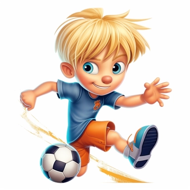 a 7 year old blond boy as a soccer star with long fringe haircut long fringe, short in the back long in the front hair, as a soccer star, full body, short in the back long in the front hair, blue eyes, blue eyes, comic style clipart like paw patrol