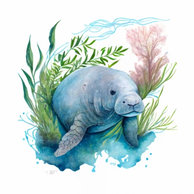 hand drawn Florida manatee, in crystal blue water, underwater with plants, very detailed and realistic, watercolor, white background with margins, clipart style
