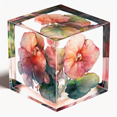 clipart watercolor begonia flowers inside epoxy rasin cube. cube has sharp edges. vibrant color