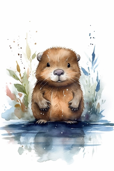 Watercolor Clipart, cute Baby beaver in water, isolated white background