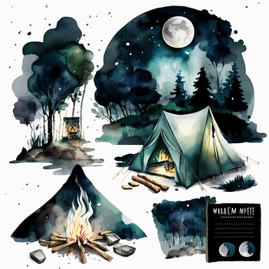 Camping by Night Watercolor Clipart, Hiking family, Camping Bundle PNG, Moon light, Fireplace, Tent, Campers, Forest, white background with margins + 2D