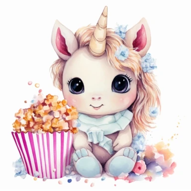 Cute baby unicorn enjoying movie night with popcorn watercolor Clipart