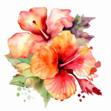 Watercolor Tropical Hibiscus Clipart by Thomas W. Schallerof: A vibrant and exotic design featuring tropical hibiscus flowers in shades of pink, orange, and red on a white background. The flowers are different-size and bold, while the leaves are thick and tropical, creating a lively and festive composition