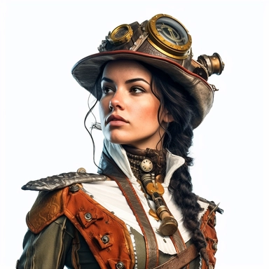 Solid white background. Waist-up portrait of a curious steampunk woman, her intrigued gaze and a slight smirk hinting at her adventurous spirit. Her snow-white skin and jet-black hair beautifully contrast with her gold and rust attire, showcasing Victorian elegance and steampunk mechanics. Instead of a hat, she wears a headband adorned with miniaturized gears and cogs. The background lacks steampunk elements. Pastel clipart, hyper-realistic, retro-futurism, solid white background