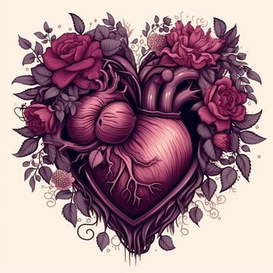 Design a digital illustration set of Gothic Floral Heart Clipart, reminiscent of anatomical Valentine illustrations. The illustrations should showcase the intricate beauty of a heart, adorned with dark and mysterious flowers. The style should capture the essence of Gothic art, with a touch of romanticism. The colors should be rich and deep, using a palette of deep reds, purples, and blacks to create a moody atmosphere. The resolution of each illustration should be high, at 2000x2000 pixels, allo