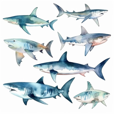 A set of 10 unique watercolor sharks clipart with sharp borders and a white background. Each shark is meticulously hand-painted using watercolors and then digitized to maintain the richness and vibrancy of the original artwork. The sharks are separated from each other, with no overlapping or blending, allowing for easy use in various design projects. The margins are carefully crafted to ensure a seamless integration into any layout or composition. Whether used in educational materials or as part