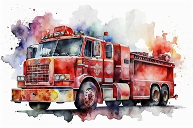 watercolor firetruck clipart, hd, on white background, spaced out,--no background
