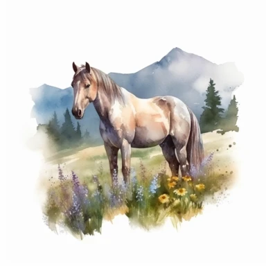 watercolor realistic, horse clipart, high detail, grazing in moutain meadow, white background.