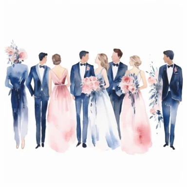 Watercolor wedding party clipart, bridesmaids, maid of honor, best man, high details, white background, 8k,