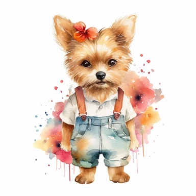 a cute clipart,unique outfit , different breed , full body , unique pose, unique outfit , white background , watercolors image, unique and vibrant , no other elements, clean shapes ,center and middle, cute