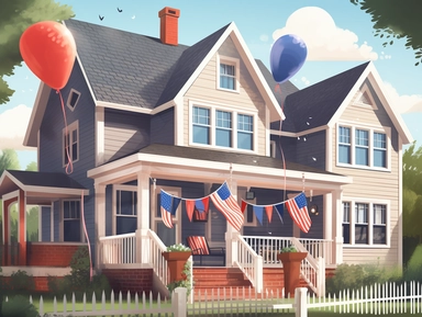 A festive clipart of a suburban house decked out in American flag bunting and decorations for Independence Day.