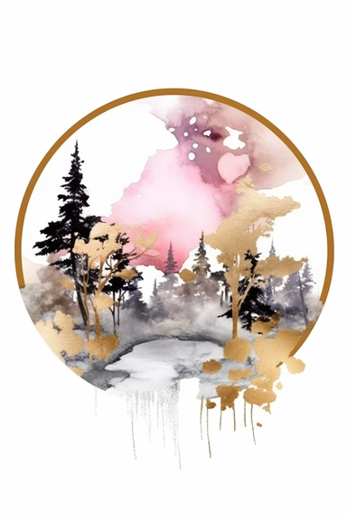 beautiful gorgeous alcohol ink of gold serene nature scene with a central focus on a pink tiger , minimalist style, crystals, glam, glossy, glitter texture, liquid ink clipart, modern and stylish design, bright colors, 300 dpi, clear decoration, clear white background, highly detailed digital art, 8k