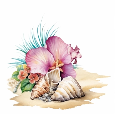 hand drawn sandy beach with a conch shell sitting in the sand, orchid bloom beside the conch shell, glamorous, clipart style, detailed and realistic, watercolor, white background with margins