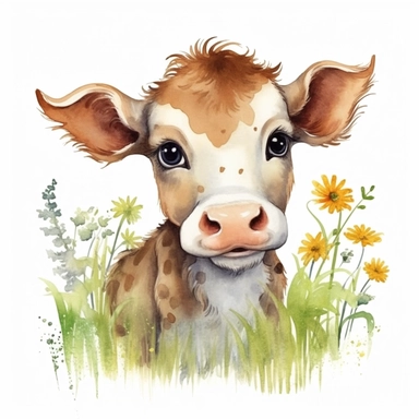 Innocent adorable baby cow with big cute eyes, in grass and wildflowers, boho style, so sweet and cute, so so so cute, freaking adorable, isolated on white background, watercolor clip art, hard edges, smooth, cartoon