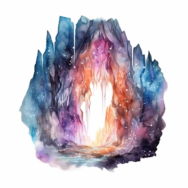 watercolor clipart of a magical mystical mythical cave, enchanted and mythical, sparkles, magical vibes, isolated on white background