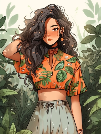cute summer girl full body drawing, illustration clipart, detailed, black outline, digital art, watercolor, in forest,