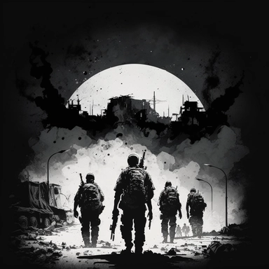 Creative graphic design, design, A group of soldiers with an M4 weapon, upper drone view, a tired faces, Walking in an open area in the middle of a refugee camp, lots of pipe bombs scattered in the area, full moon black and white, wrecked streets, dead body, explosions in the background, a war zone, scattered, on a refugee camp, war, dead people, dark sky, no hope, sepia colors, black and white, dark, deep pain, people in tremendous suffering, EPIC, Dark collage, clipart, graphic, illustrations,