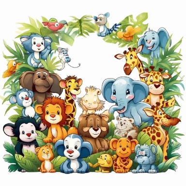 clipart with white background, baby jungle animals playing in the jungle, cute and adorable, clearly defined separate image, high quality--ar3:4-no mockups, watermarks, numbers, writing, letters--q2--v5.1--s1000