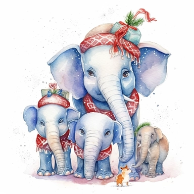 charming family of 4 elephant, Christmas morning, festive decor and mood, ornamental watercolor, clipart