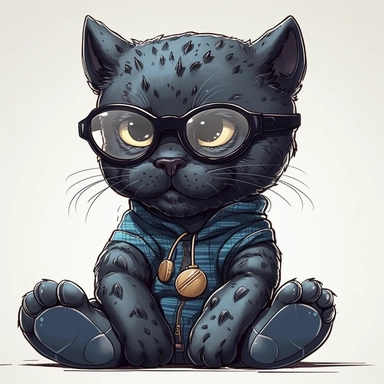 kawaii adorable black panther wearing cute glasses, nursery art, clipart image, line art image, white background, inspired by yoshitaka amano art, very detailed, 8k