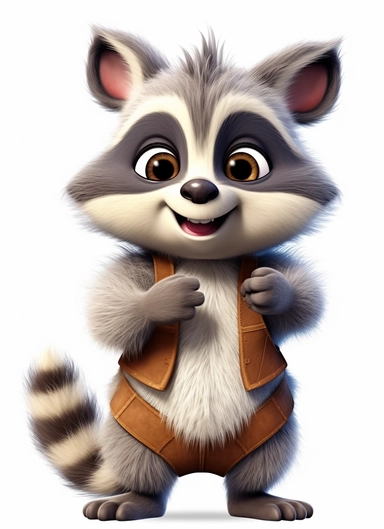 Cartoon baby racoon, happy, with hands holding, clipart, white backdrop, no watermark