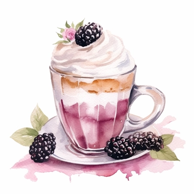watercolor clipart illustration of milk coffee, with dessert with cream and blackberries, on table in rose garden, summer bright day, white background