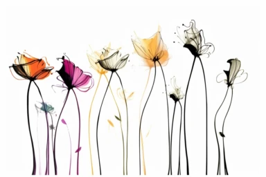 ink drawing six flowers vector clipart, ink style, flat style, free-hand light color brush strokes under ink lines, sparse use of color, white background, spaced out, juxtaposition of lines, elegant inking techniques, black ink strokes, elegant shapes