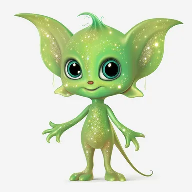 Cute fairy tale Alien fairy in form of clipart on white background - The alien has green skin with a pattern of sparkling stars on it. Its eyes are large and round with slitted pupils, and it has a single antenna on its head that twitches when it is excited or curious. It wears a silver jumpsuit that is form-fitting and allows it to move easily through space