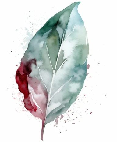 watercolor clipart illustration of a leaf green and grey, in the style of meticulous design, minimalistic serenity, light turquoise and dark white, oil paintings, dark green and light crimson, naturalistic poses, imitated material