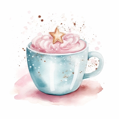 watercolor clipart of a cute charming cup of tea, sparkles, winter wonderland vibes, isolated on white background