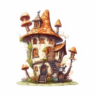 enchanted detailed fantasy fairy tale elf house in cartoon style, creamy warm colors on white plane background, impressive, 4k, clipart