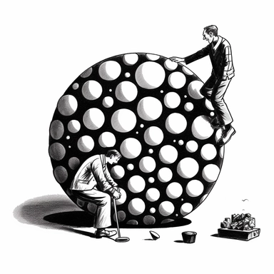 PT 1920’s spot illustration of a giant 8-ball crushing a tiny man, just his shoes showing under the 8-ball, Dover publications clip art, black and white, white background <#1101269105048305814>
