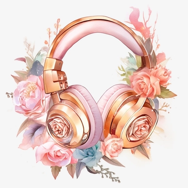 ! Watercolour rose gold and pastel detailed 3d gaming headset, surrounded by beautiful roses and Swarovski crystals and diamonds, svg clipart style, solid white background, clipart element, clipart style highly detailed beautiful