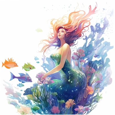 under water sea world a mermaid swimming with other creatures like fish squid starfish coral leaves, vector, clipart, animation style, digital painting, water color, lighting effect, iltra realistic, highly detailed, volumetric lighting 8k, 32-bit, classical fantasy,white background