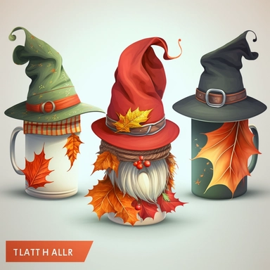 3 mugs clipart style, one mug with a christmas style with father christmas scarf and red christmas hat, one with a halloween style witches style hat and scarf, one with fall style leaf scarf and fall leaf hat
